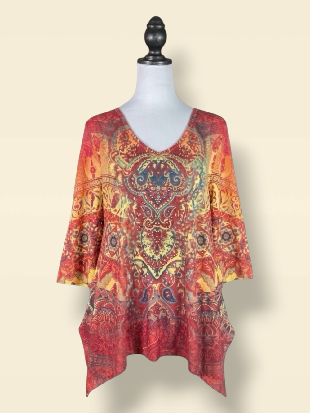 One World Top Red Orange Tunic Mandala Rhinestone Embellished Maximalist Boho M